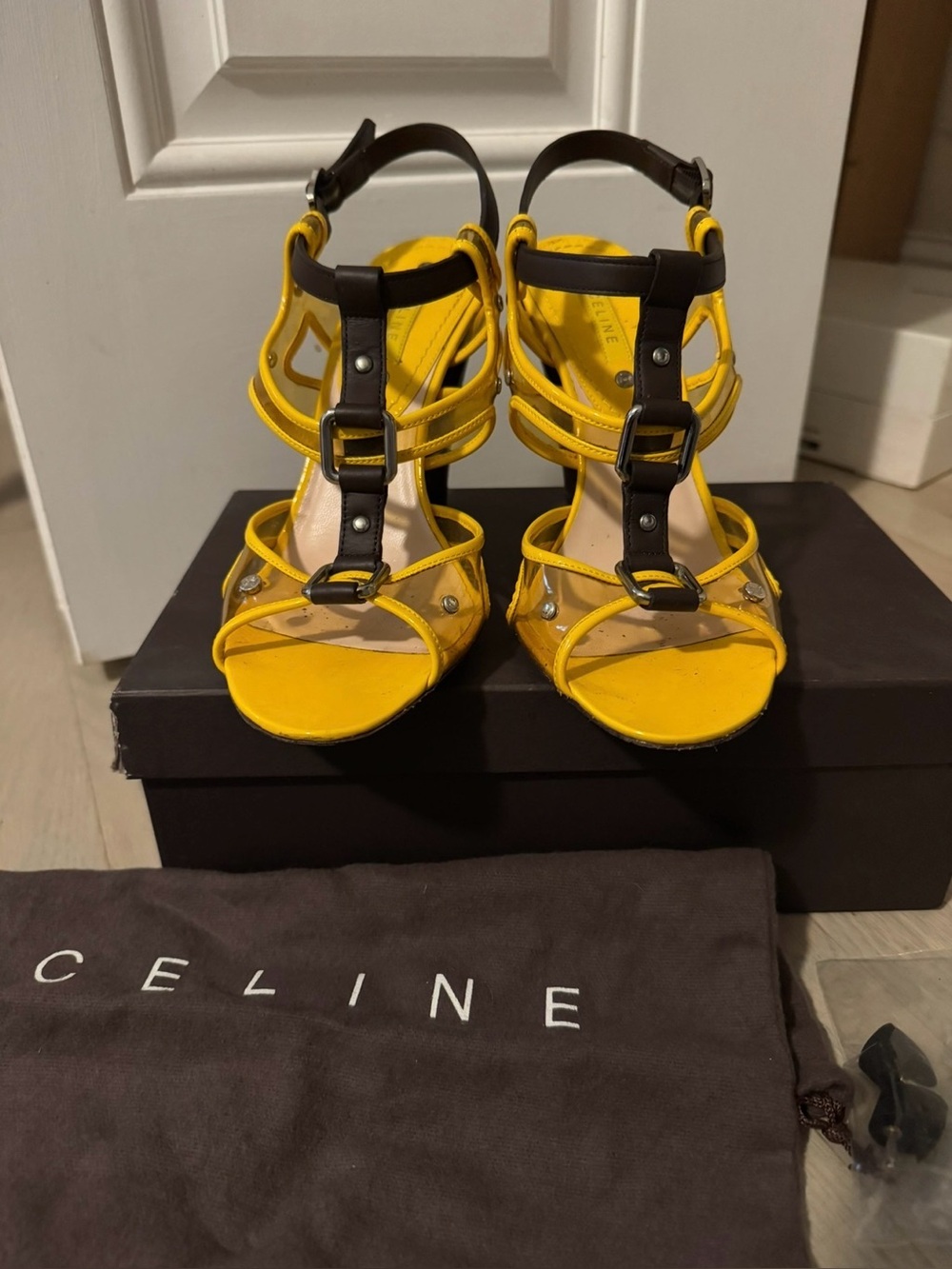 Celine Yellow Leather PVC Strappy Sandals
